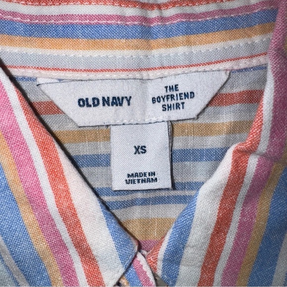 Old Navy Linen Blend Boyfriend Shirt L/S Button Up Pink Blue Stripe Womens XS - Picture 7 of 9